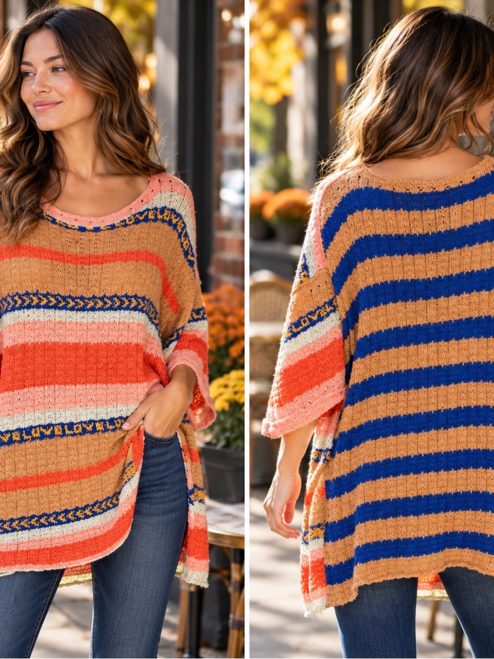 Free People Striped Scoop-Neck Sweater - Tan, Coral & Blue
